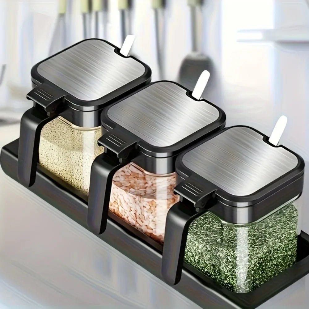 3-Piece Thick Glass 10 oz Airtight Spice Jars with Spoon — Sealed Seasoning Storage for Modern Kitchens