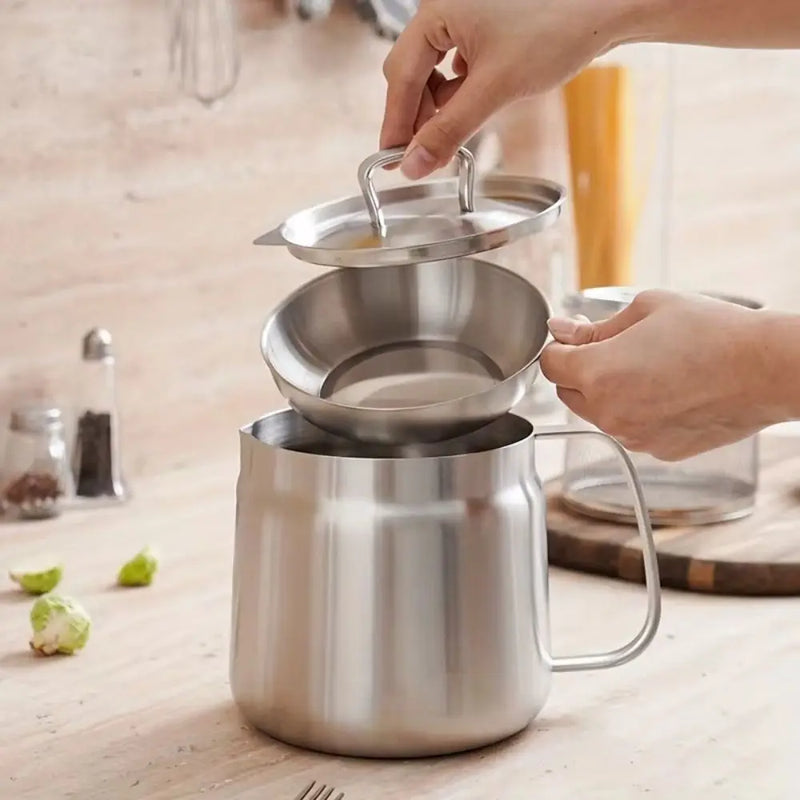 Oil Strainer Pot With Fine-Mesh Filter, 1.5-2 L Grease Storage Container