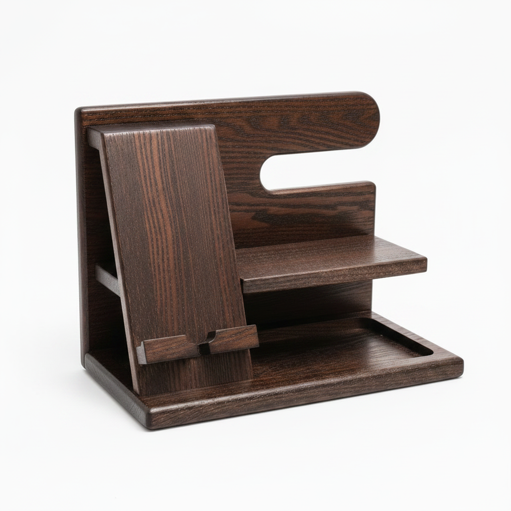 ZeniDock wooden phone dock, three-quarter front angle