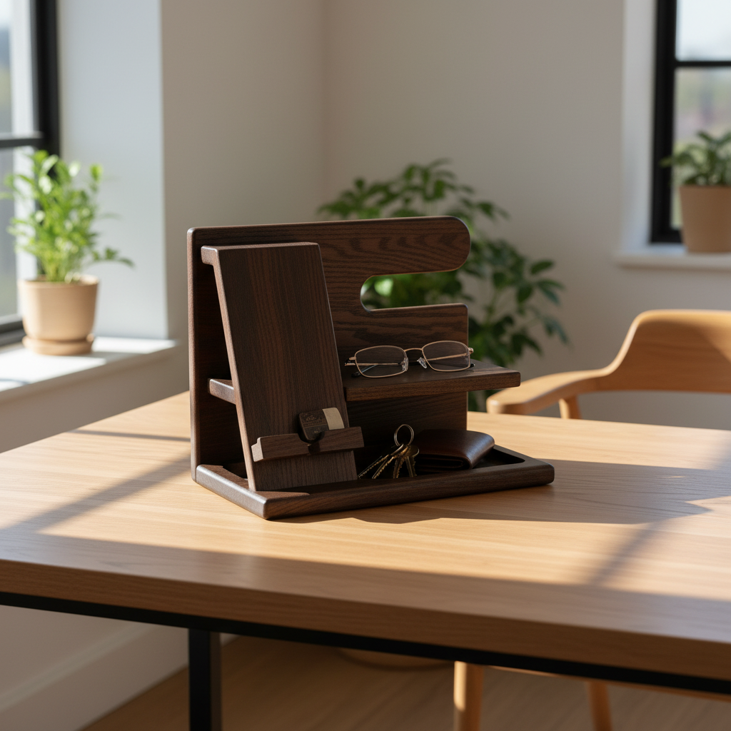 ZeniDock Lifestyle — Dark Walnut on Oak Desk